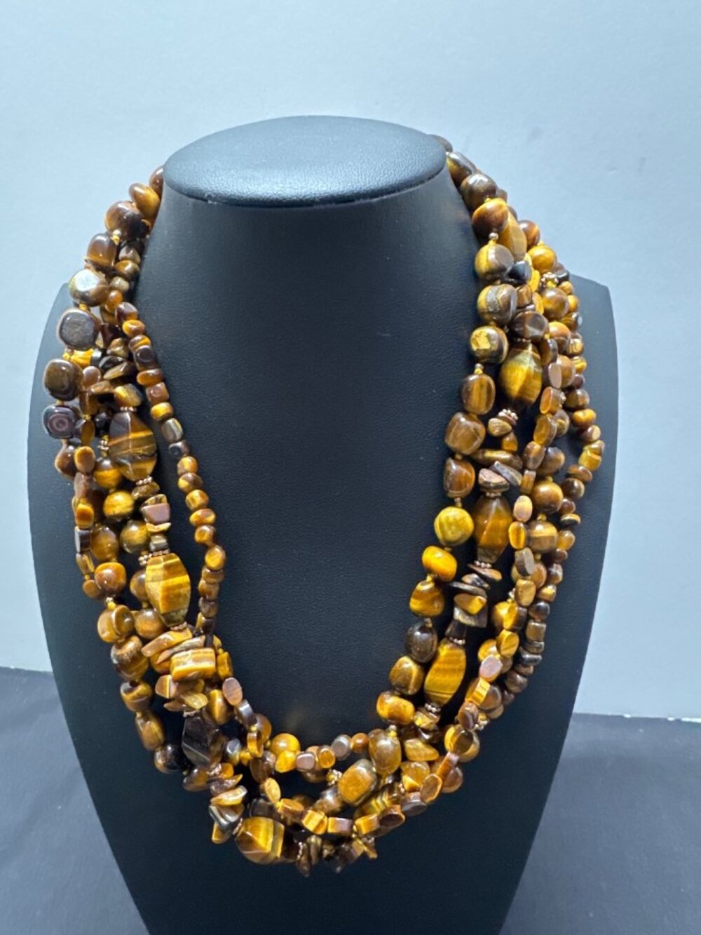 Tigers Eye Gemstone Multi-Strand Necklace Statement Magnetic Shell Closure 18 In